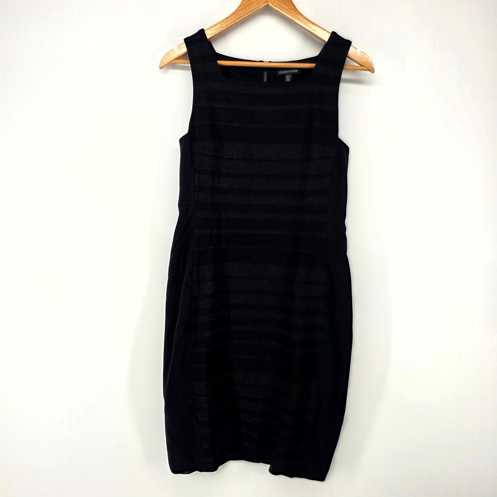 Eileen Fisher Dress Womens 4 Black Tonal Stripe Italian Fabric Sheath Sleeveless